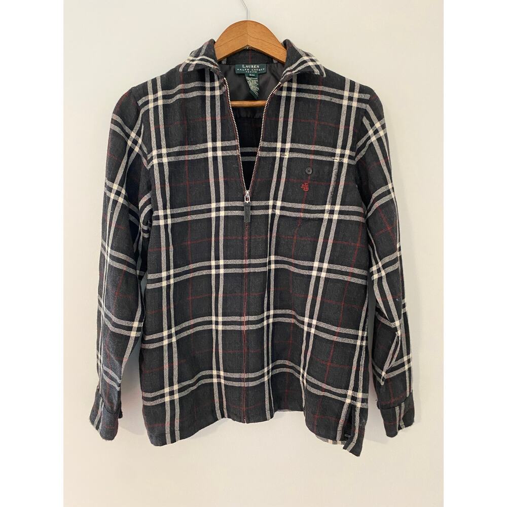 RLL Lauren Ralph Lauren Zip Up Plaid Charcoal Gray Black Red White Wool Top PM